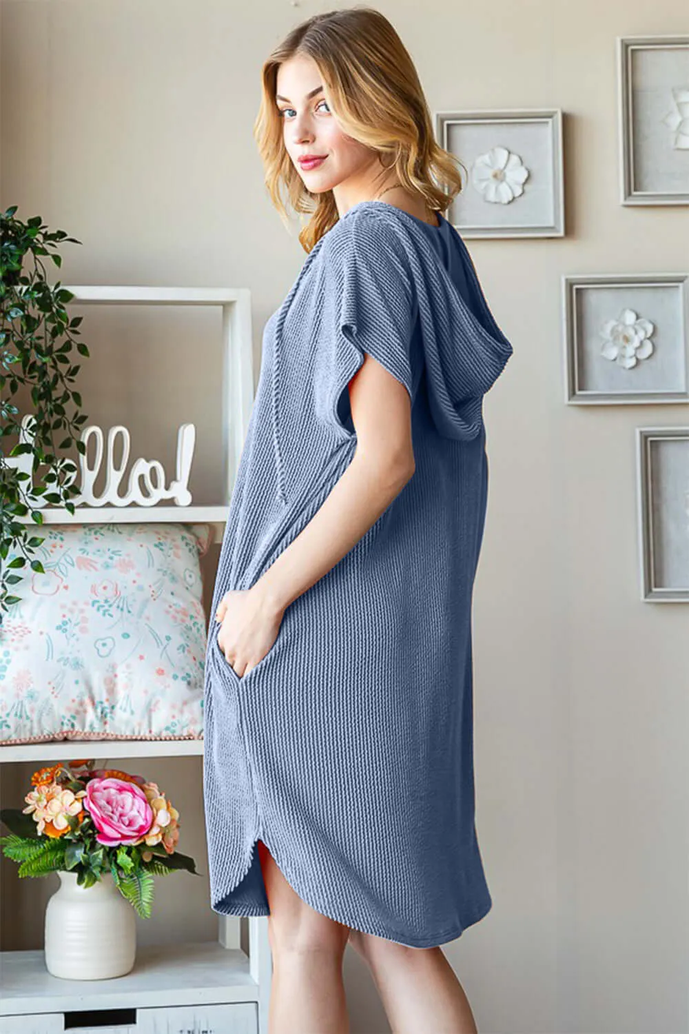 Blue Plus Size Ribbed Short Sleeve Hooded Dress